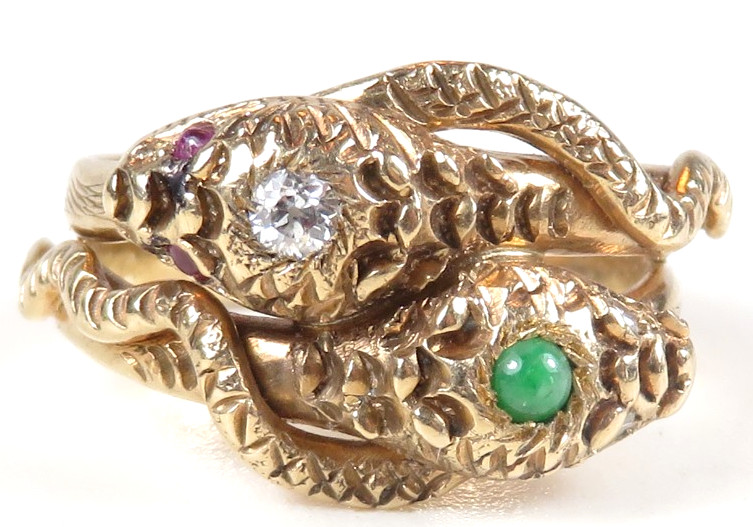 Vintage 14K Rose Gold Double Serpent Ring Diamond Natural Jade & Ruby Eyes Deco