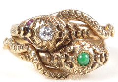 Vintage 14K Rose Gold Double Serpent Ring Diamond Natural Jade & Ruby Eyes Deco