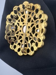 VTG Monet Signed Tigereye Ruby Topaz Gold Crystals Oval Broach Pin Filagree