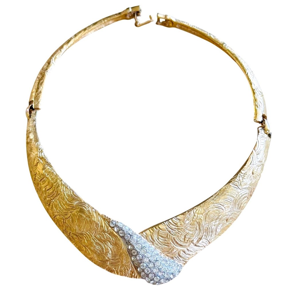 VTG Regal Crystal Rhinestone Necklace brushed Gold plated Bib choker Statement