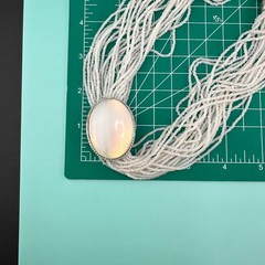Vintage Seed Bead Opalite Necklace Multi Strand Large Oval Station Pendant 17″