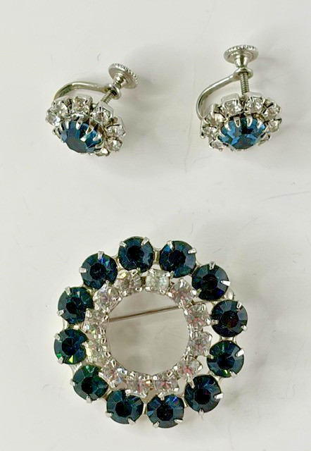 Vintage Dark Blue and Clear Circular Brooch and Earring set