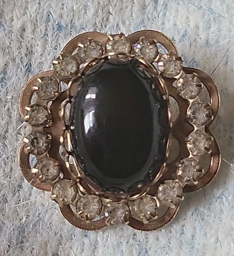 Black plastic -Stone Brooch Gold Toned W/Crystal Rhinestones 2.5”