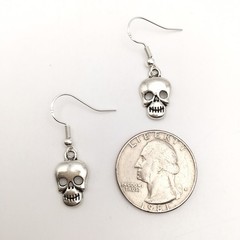 Silver Tone Costume Goth Skull Hook Dangle Earrings #25