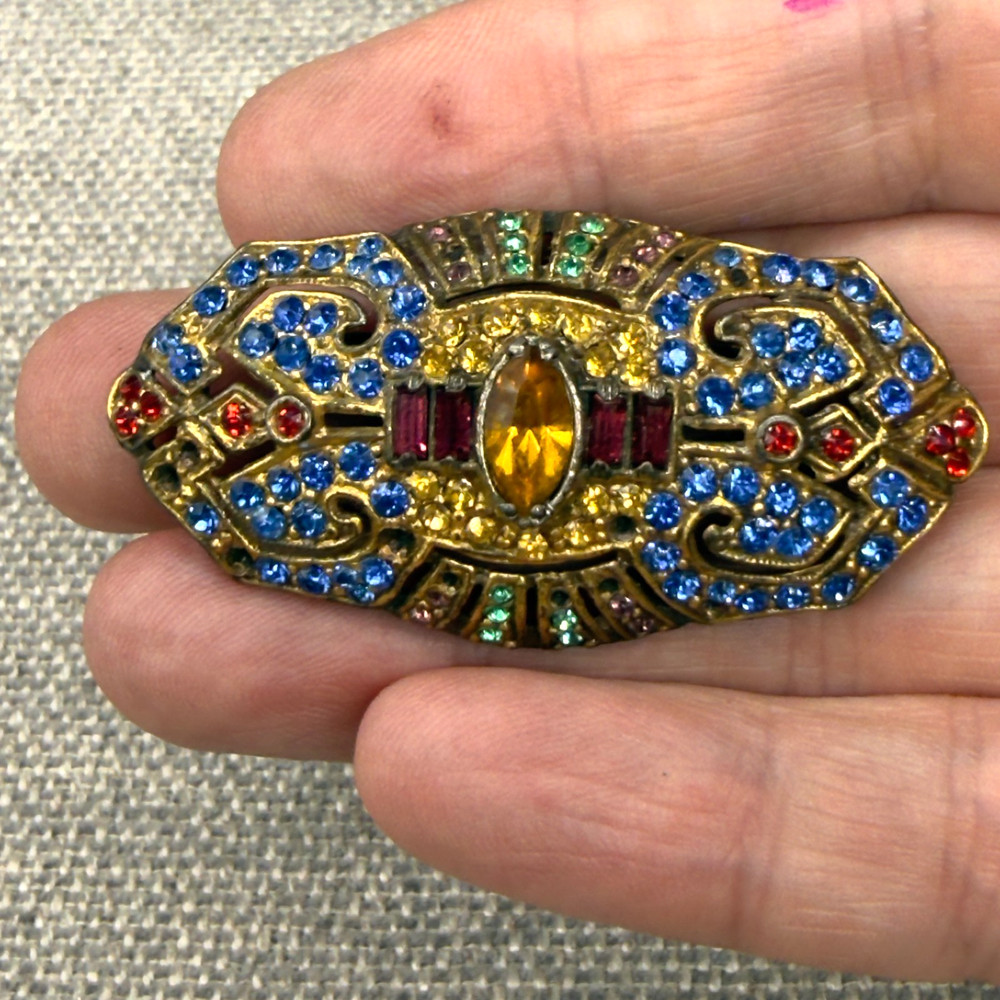Vintage Art Deco Brooch Pot Metal Colorful Czech Rhinestones 2 Inches READ