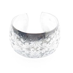 950 Silver Antique Japan Engraved Floral Leaf Adjustable Wide Cuff Bracelet 6.5″