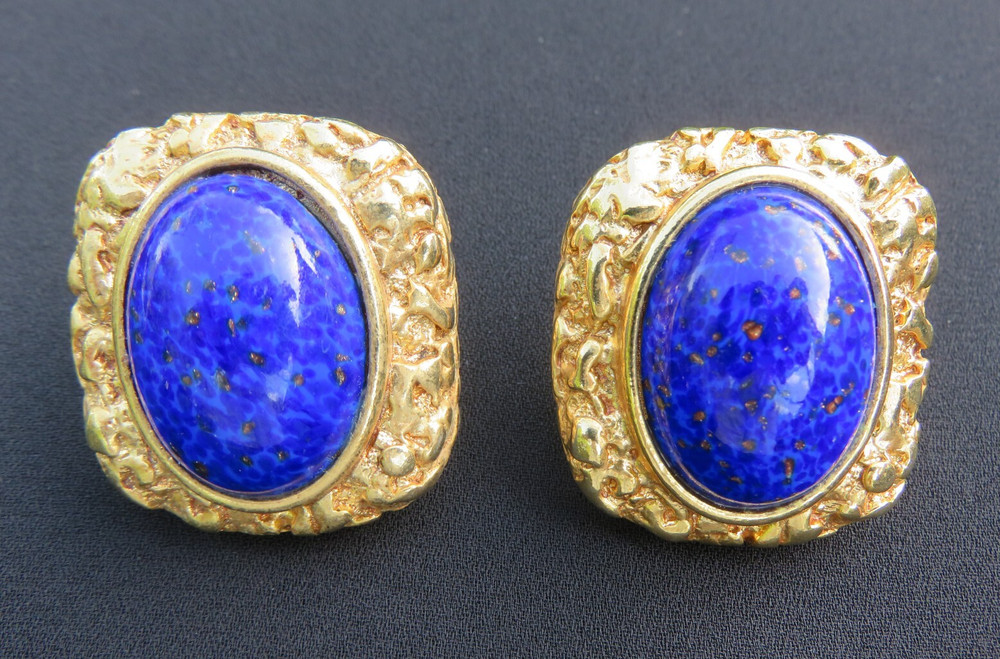 Blue Earrings Clip On Vintage Faux Lapis Signed CRAFT