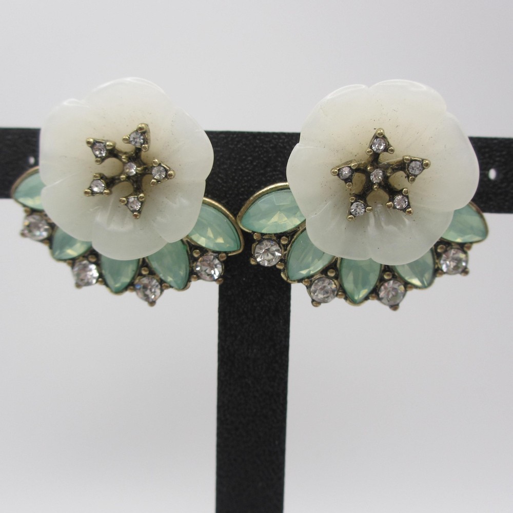 Vintage Rhinestone Earrings Floral Green White Acrylic Post For Pierced Ears