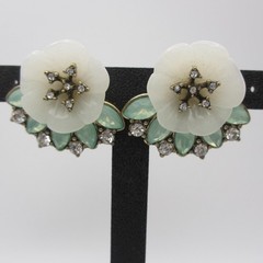 Vintage Rhinestone Earrings Floral Green White Acrylic Post For Pierced Ears