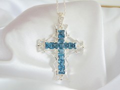 Large Sterling Silver 925 Heated London Blue Topaz Cross Pendant Necklace