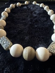 Vintage Carved Beaded Station Necklace Tan, Ivory Resin Beads 24”