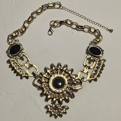 Chunky Gold-Tone Black Rhinestone Floral Statement Necklace