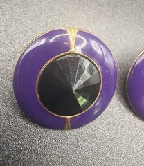 Vintage Round Stud Earrings Purple Enamel Gold Tone Black Faceted Stone Pierced