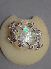 Opalite cabochon ring W/cherry blossom design silvertone metal red stones size 6