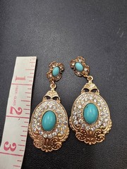 Vintage Gold Tone Turquoise Statement Drop Earrings with Rhinestone Accents