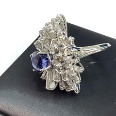 18K White Gold 5.90ctw Oval Blue Sapphire & Tapered Baguette Diamond Ring