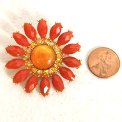 Gold Tone Flower Brooch Plastic Faceted Gems 1.75″ Orange Coral Colored Vtg Pin