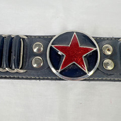 Big Red Star Silver Metal & Leather Snap Bracelet Rocker Style 9″ Long Women’s
