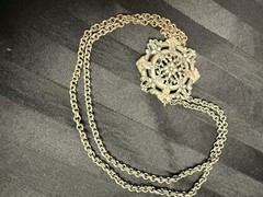 Vintage 24″ Two-Sided Antiqued Gothic Filigree Medallion Statement Necklace