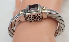 STERLING & 14KT HINGED BRACELET W, RED STONE WT. 38 GRAMS