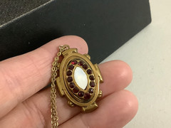 VTG/Antique brass?Czech? Garnet rhinestones Opalite glass pendant necklace 18″