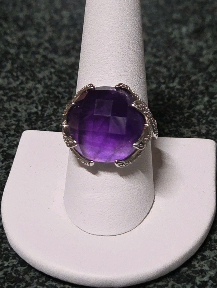PURPLE AMETHYST 925 STERLING SILVER VINTAGE FACETED CUSION ORNATE RING SIZE 9.75