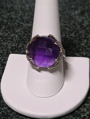 PURPLE AMETHYST 925 STERLING SILVER VINTAGE FACETED CUSION ORNATE RING SIZE 9.75