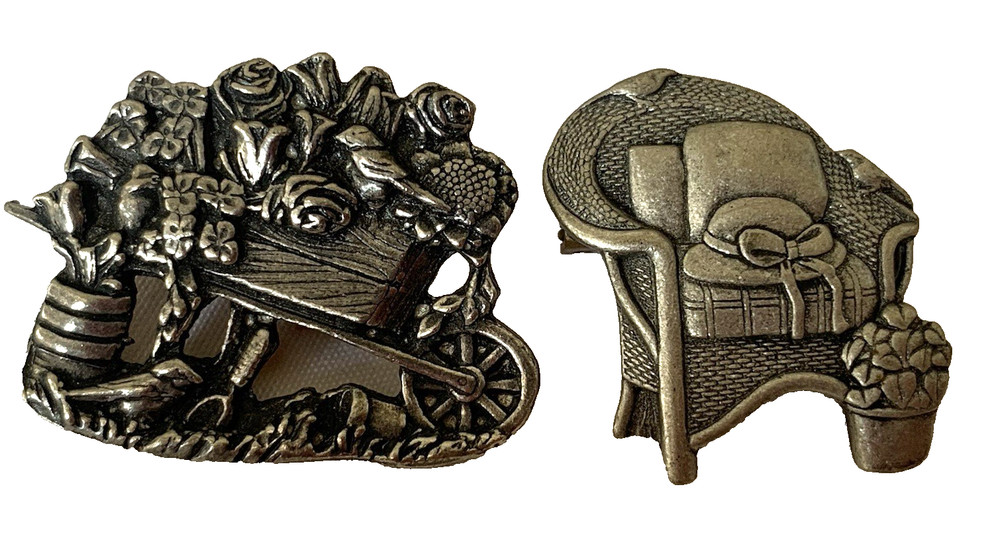 Vintage Brooch Lot of 2 Pewter Pins Signed Birds & Blooms 2003, 2008