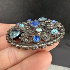 Vintage Pot Metal Rhinestone Brooch Silver Tone Blue
