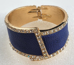 Gold Tone Blue Pebble Leather Inlay Hinge Bracelet With Clear Crystal 6.75 in
