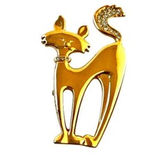 Cat Pin Brooch Mod Sophisticated Kitty Gold Tone & Rhinestone Collar & Tail