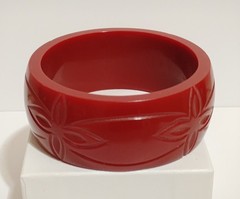 Chunky Burgundy Red Bangle Bracelet Carved Molded Modernist Resin Flowers
