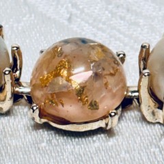 CORO pink confetti Lucite cabochon faux pearl bracelet fold over clasp vintage