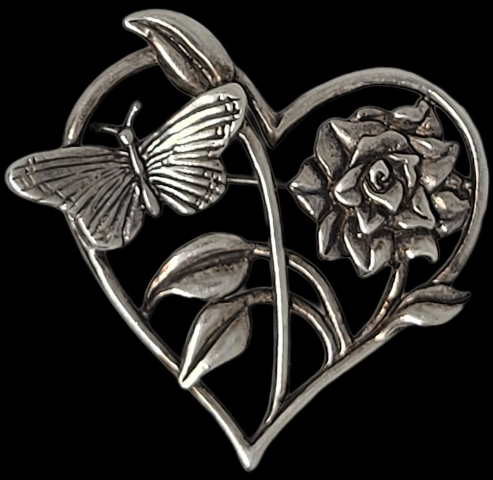 Vintage Signed H&H Sterling Cutout Heart & Butterfly W/ Flower 9.7 G Brooch Pin