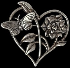 Vintage Signed H&H Sterling Cutout Heart & Butterfly W/ Flower 9.7 G Brooch Pin