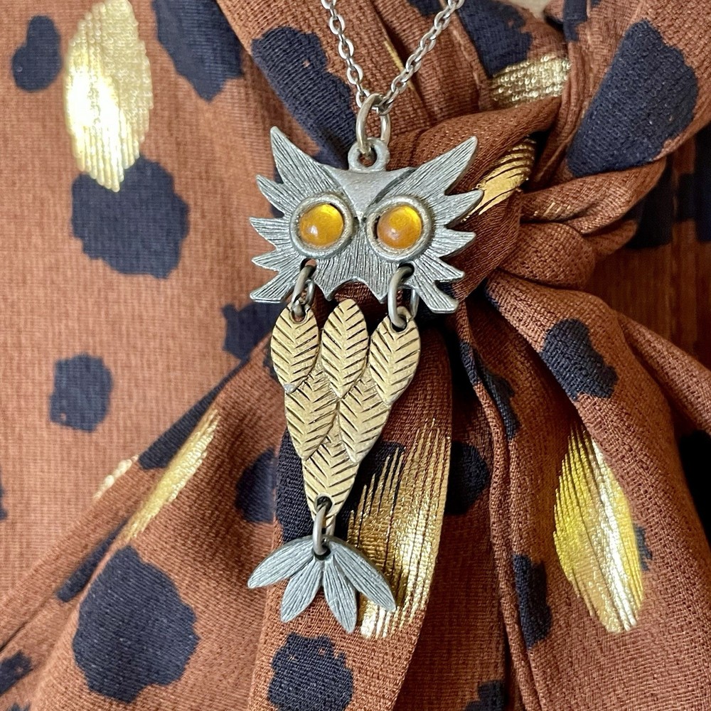 Vintage Owl Necklace Articulated Silver & Gold Tone Miniature Bird Boho Jewelry
