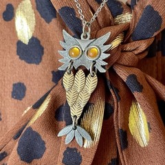 Vintage Owl Necklace Articulated Silver & Gold Tone Miniature Bird Boho Jewelry