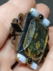 Craft Show Wear Art Brooch Flowers Encased In Lucite Black Rhinestone Copper Pin