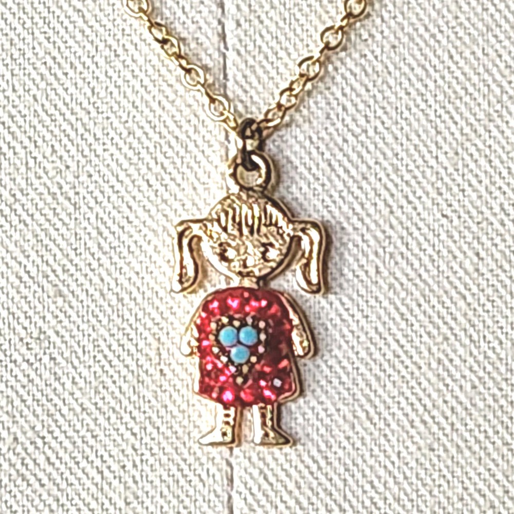 Small Girl With Red Crystals Blue Stones Pendant Necklace Gold Tone Chain 16.5″