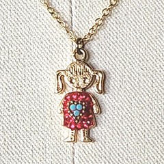 Small Girl With Red Crystals Blue Stones Pendant Necklace Gold Tone Chain 16.5″