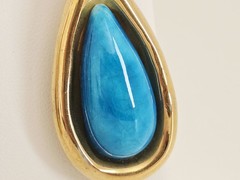 Vintage Artisan Gold Plated with Blue Ceramic Pottery Teardrop Clip On Earrings