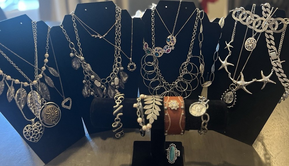 Jewelry Lot Silver Tone Necklaces Bracelets Metal Estate Finds 22pc Vtg To Now