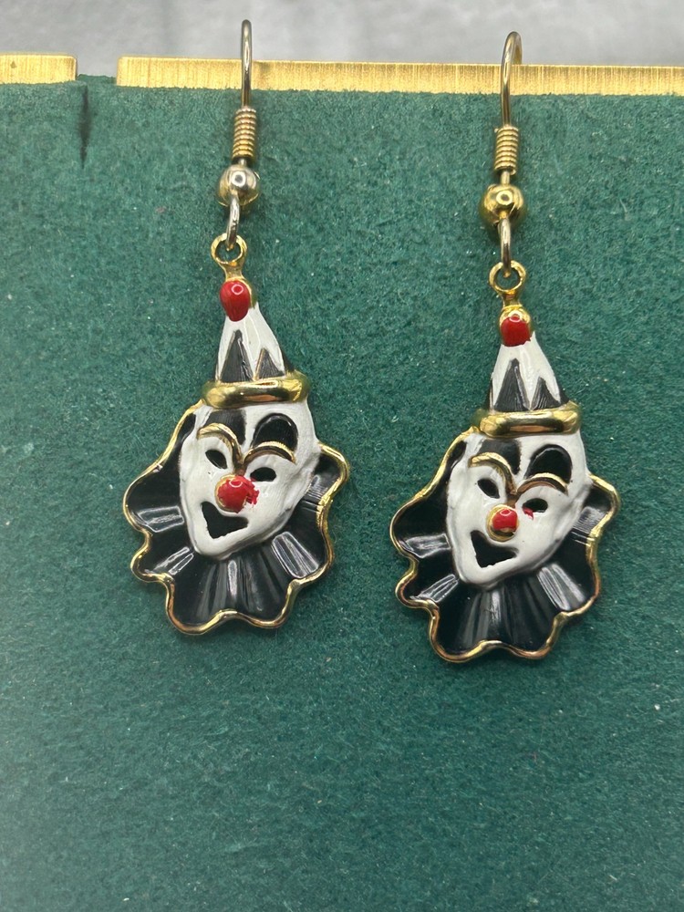 Vintage Gold, Red, White and Black Clown Earrings