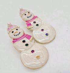 Christmas Earrings Snowman Pierced Dangle Enamel Multicolored Pink 2.25 in