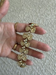 Vintage Gold Tone And White Lilypad Choker And Bracelet Set With Rhinestones