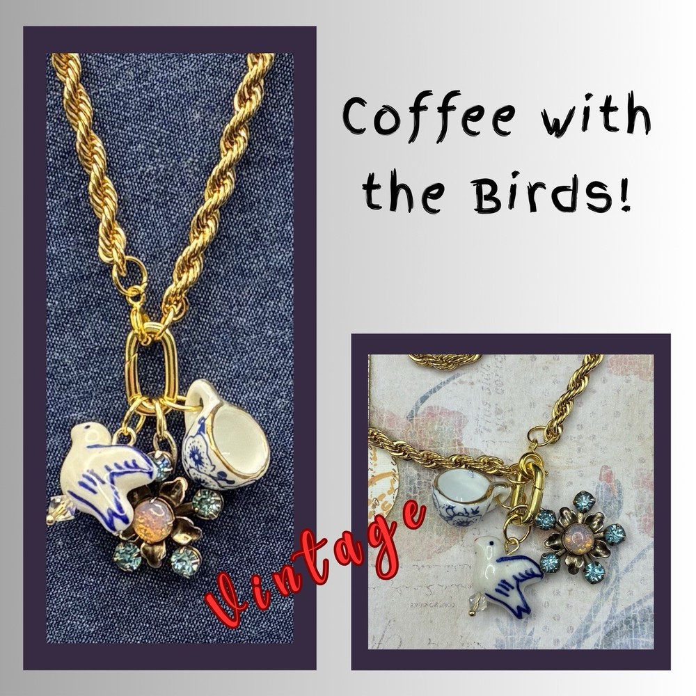 Vintage Charm Trio, Vtg Gold Plated Chain Necklace, Faux Opal, Coffee Cup, Bird