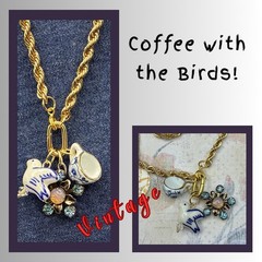 Vintage Charm Trio, Vtg Gold Plated Chain Necklace, Faux Opal, Coffee Cup, Bird