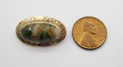 Unakite Cabochon Engraved Pin 10 Karat Yellow Gold 32 mm x 21 mm