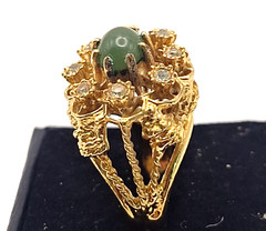 Vintage 18K HGE Green Cabochon Rhinestone Cocktail Ring Size 8 Regency Glam Chic