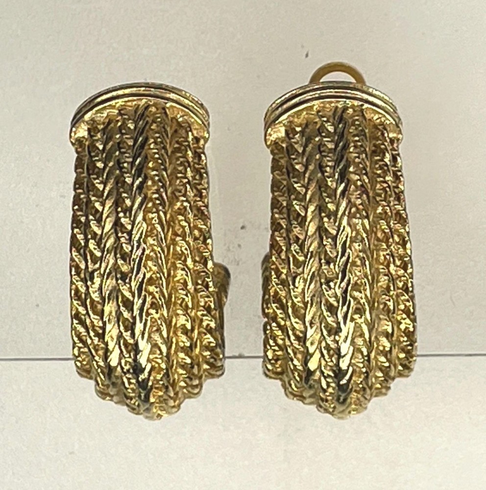 Vintage Erwin Pearl Signed Gold Tone Chunky Chevron Woven Rope C Hoop Clip On Ea